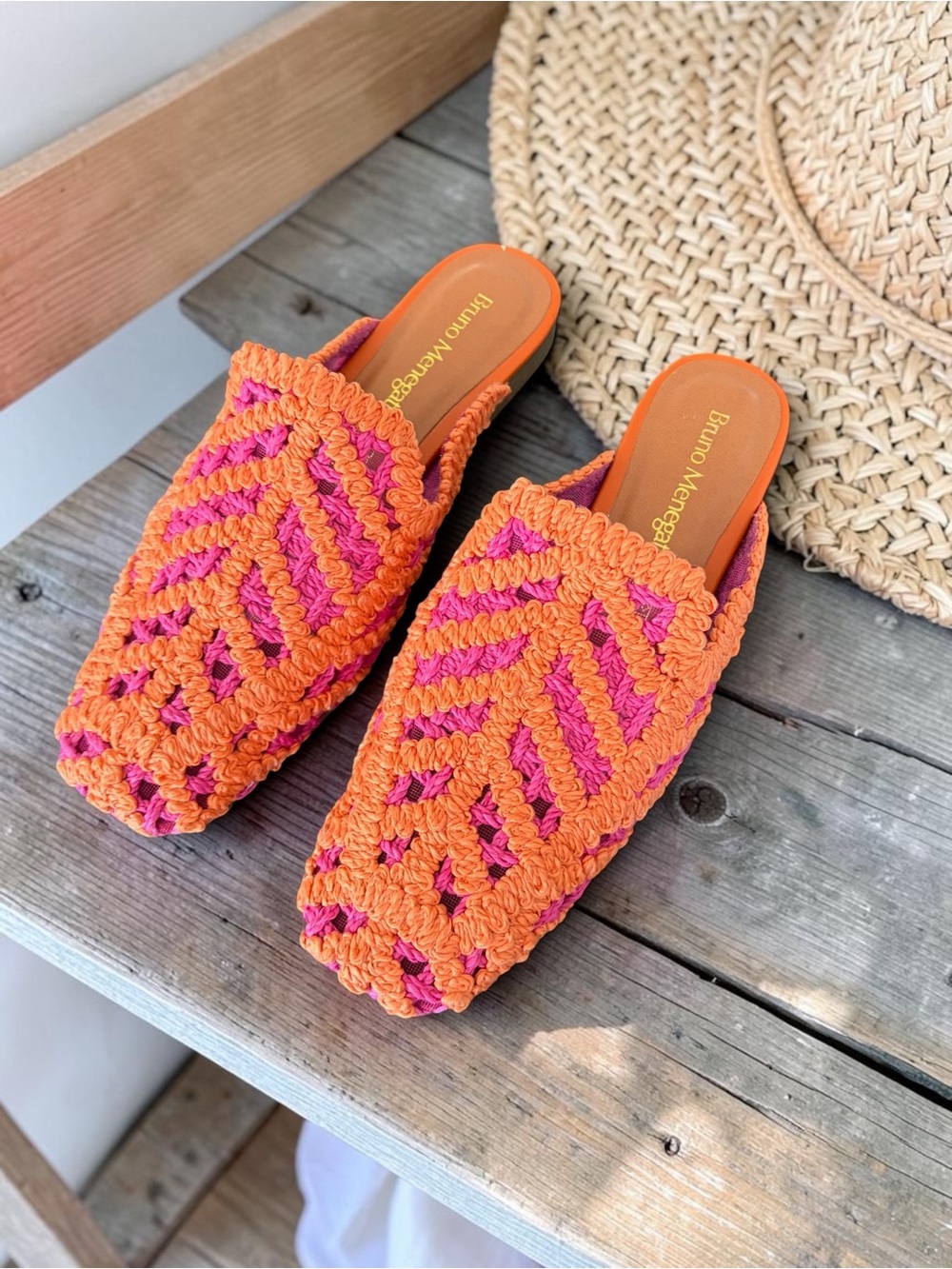 Handwoven Pink and Orange Slip-On Crochet Mules Flats